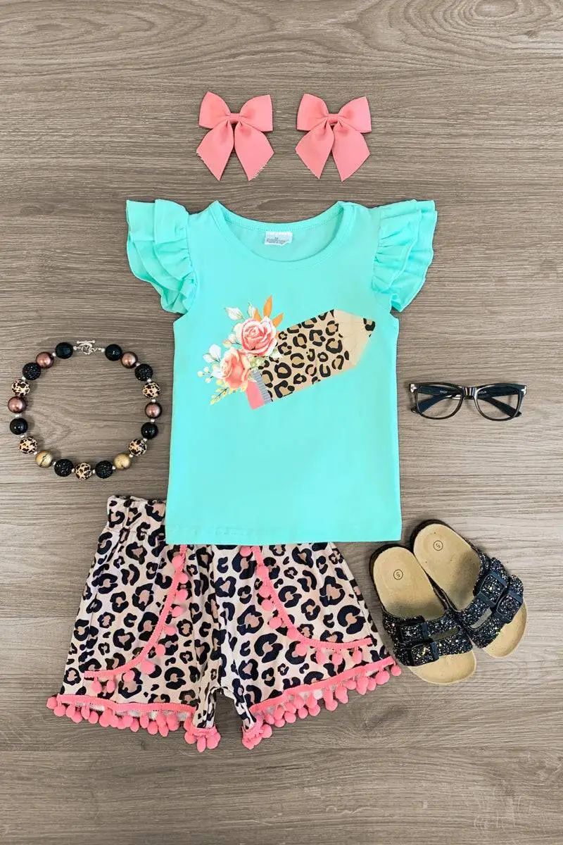 Mint & Cheetah Pencil Pom Pom Short Set