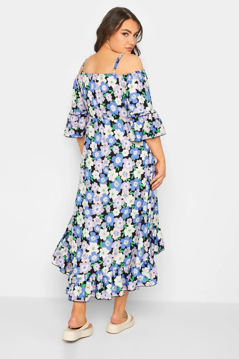 YOURS Curve Black Floral Cold Shoulder Midaxi Dress