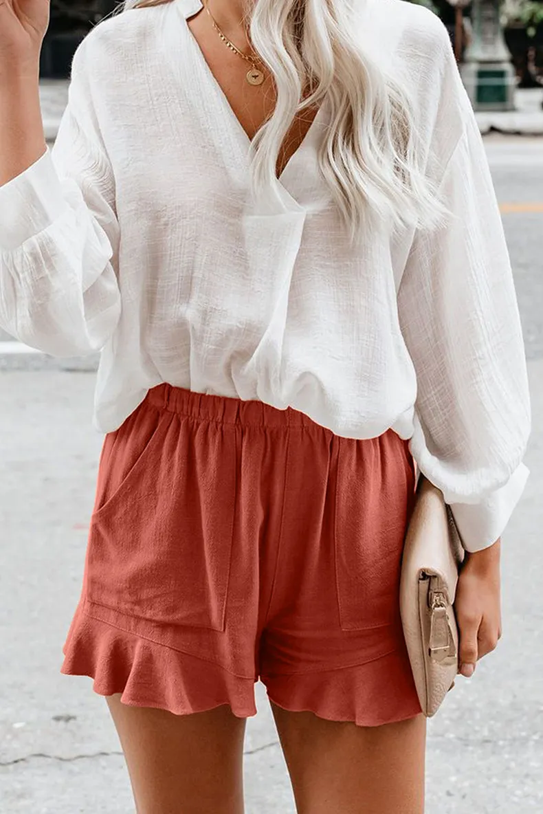 Ladies summer casual solid color high-waist pleated loose straight-leg pants