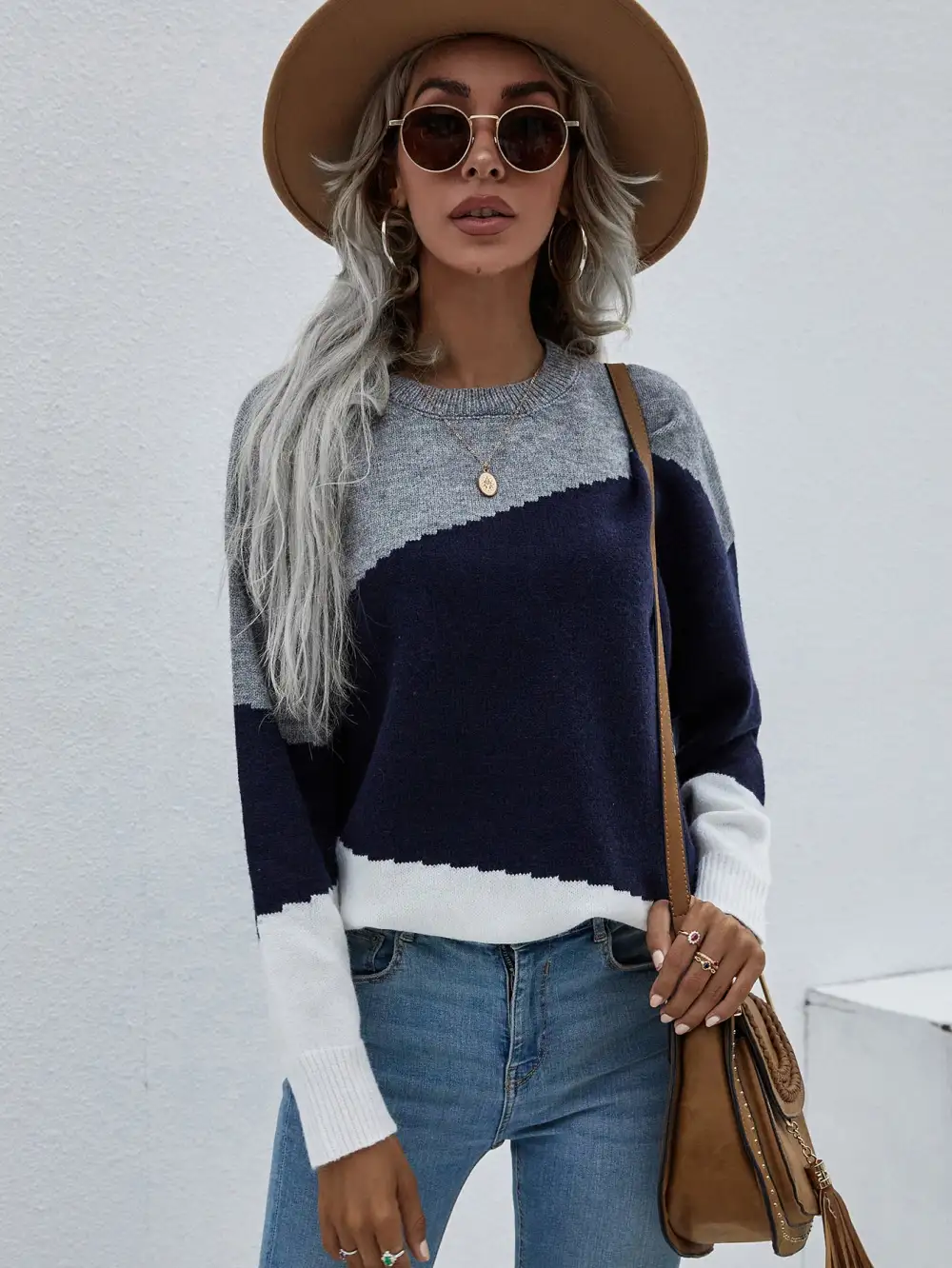 Color Block Dropped Shoulder Pullover Sweater