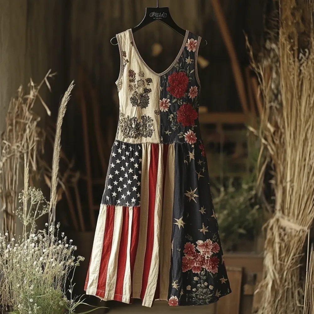 Vintage Floral Embroidery Flag Element Women's Vest Dresses