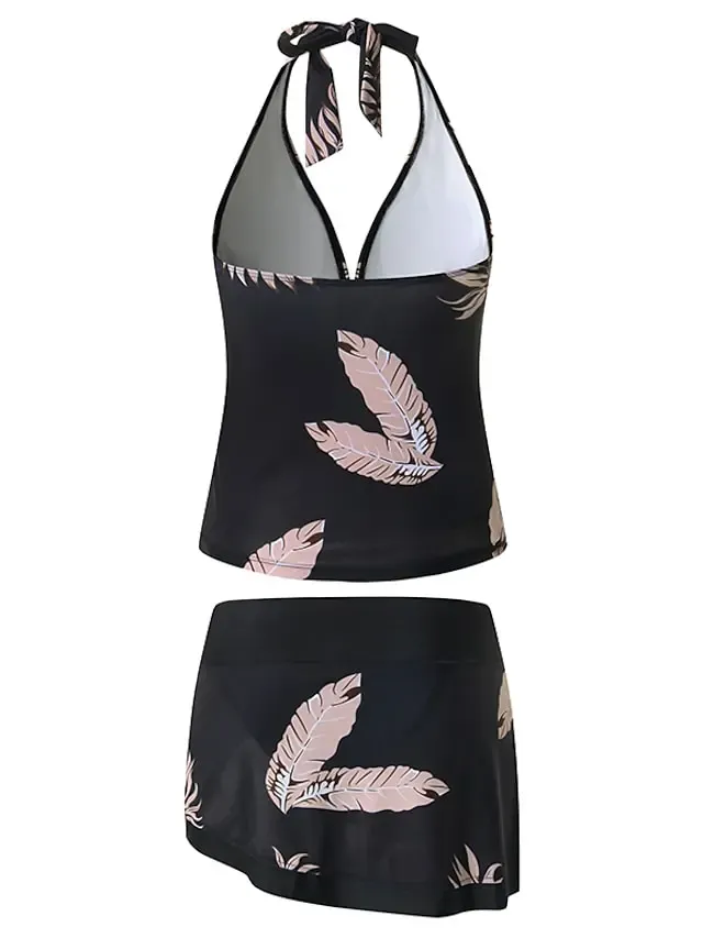 Women's Swimwear Tankini 2 Piece Plus Size Swimsuit Open Back Printing for Big Busts Trees / Leaves Black Halter V Wire Bathing Suits New Vacation Fashion / Modern / Padded Bras