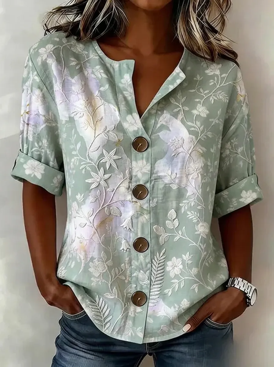 Women's Nashville Floral Botanical Printed Button-Down Shirt