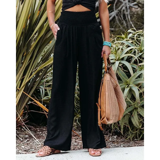 Women's Wide Leg Linen Pants Trousers Full Length Cotton Baggy Micro-elastic High Waist Fashion Casual Daily Vacation Apple Green Black S M Autumn / Fall