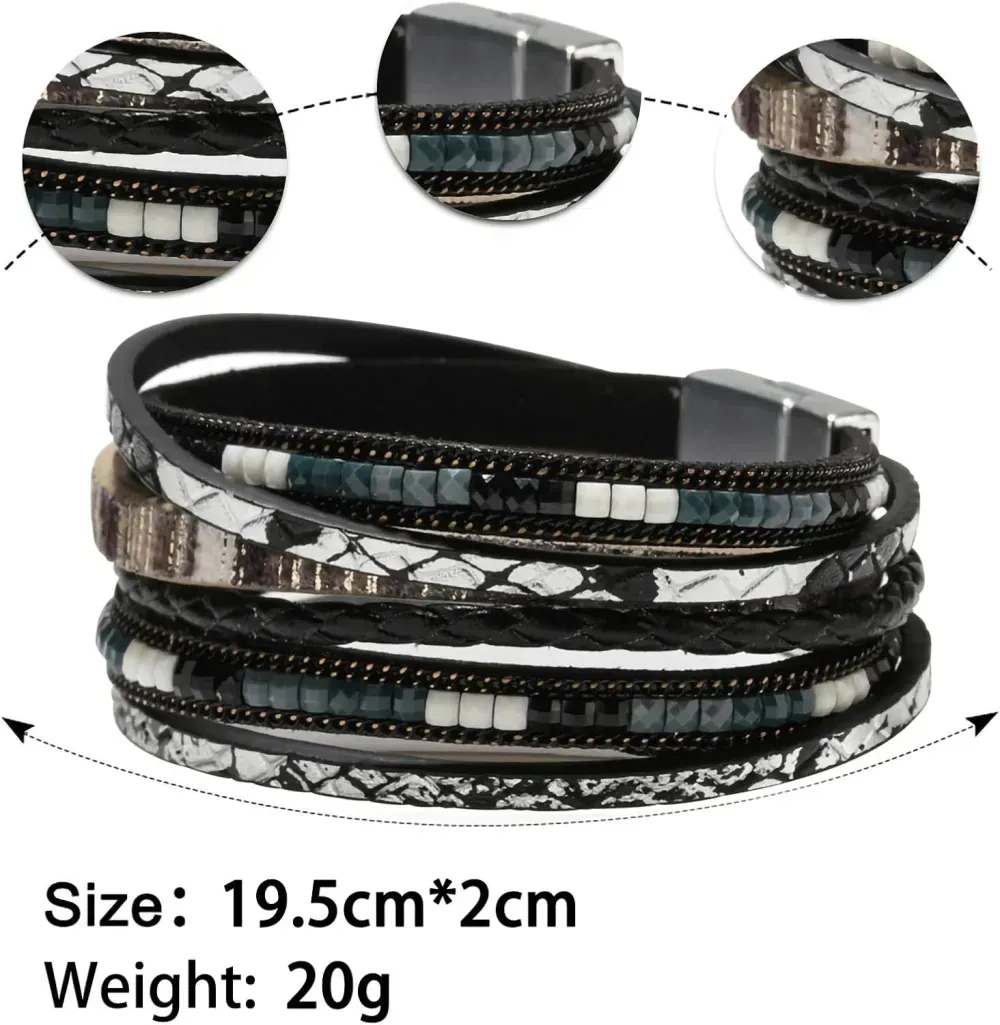 Fesciory Leather Wrap Bracelets for Women, Boho Leopard Multi-Layer Crystal Beads Cuff Bracelet Jewelry