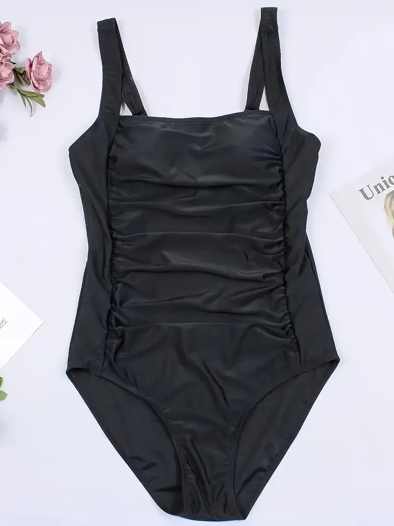Square Neck Ruched Front One Piece Swimsuit, Solid Color High Cut Stretchy Bathing Suit, Women's Swimwear & Clothing