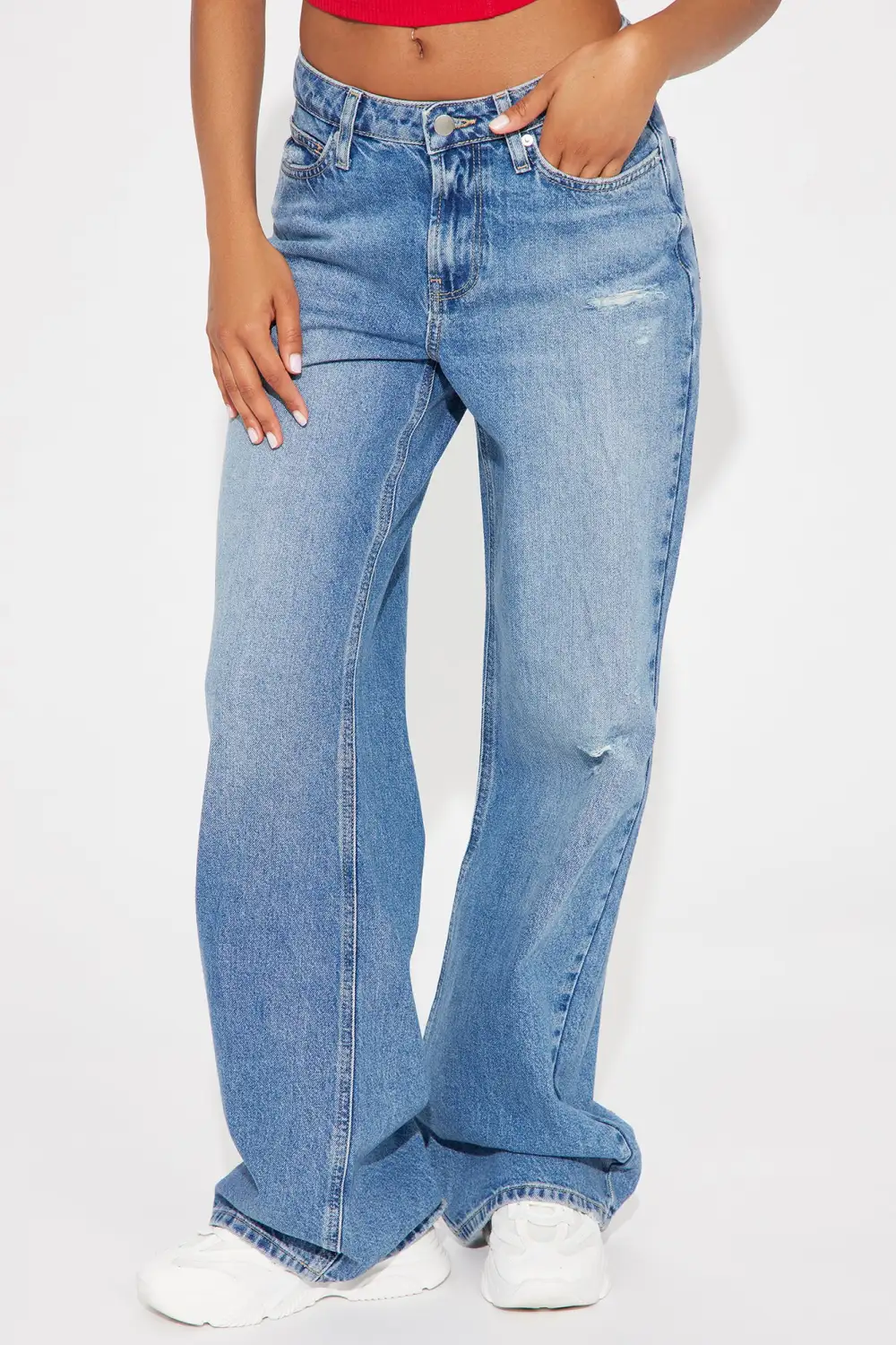 Leading Him On V Waist Baggy Jeans - Medium Wash