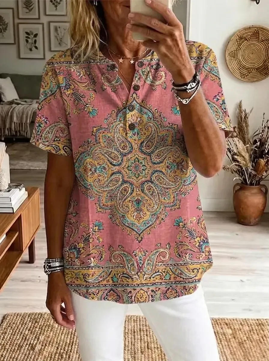 Women's Nashville Boho Paisley Printed Henley Top