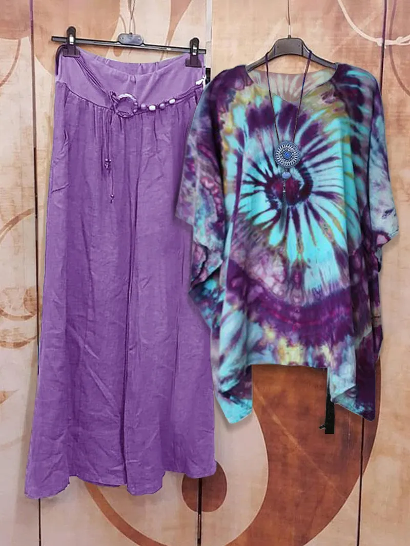 Women's tie dyed cotton and linen pants set, two-piece set 03