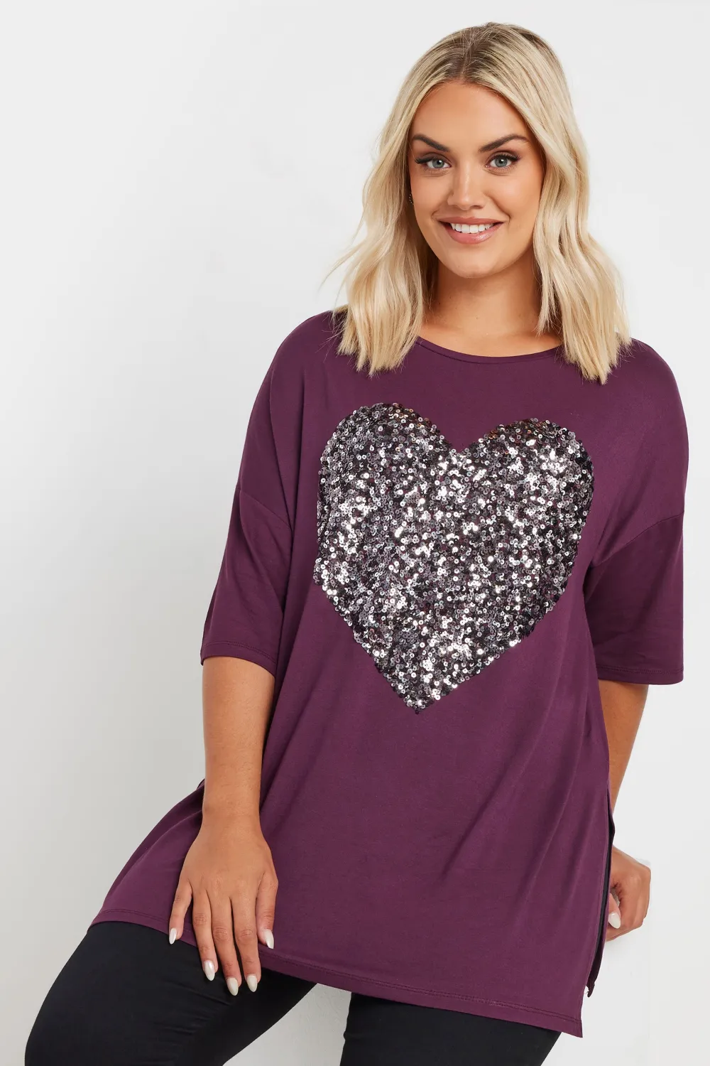 YOURS Curve Red Heart Sequin Embellished T-Shirt