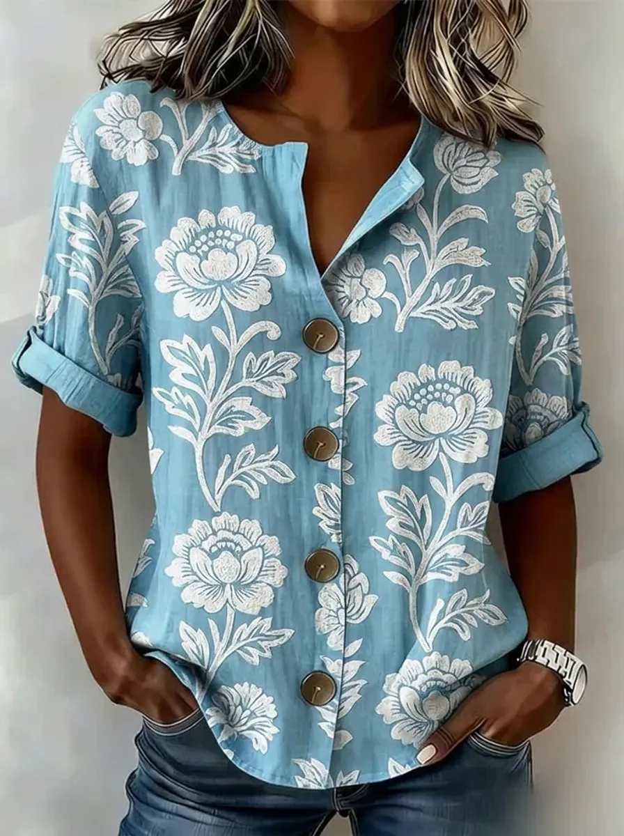Women's Nashville Floral Pattern Printed Button-Down Shirt