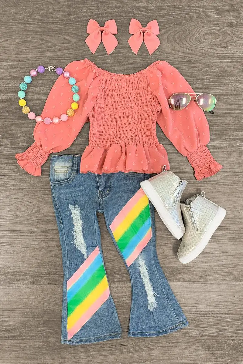 Pink Painted Rainbow Denim Flare Set