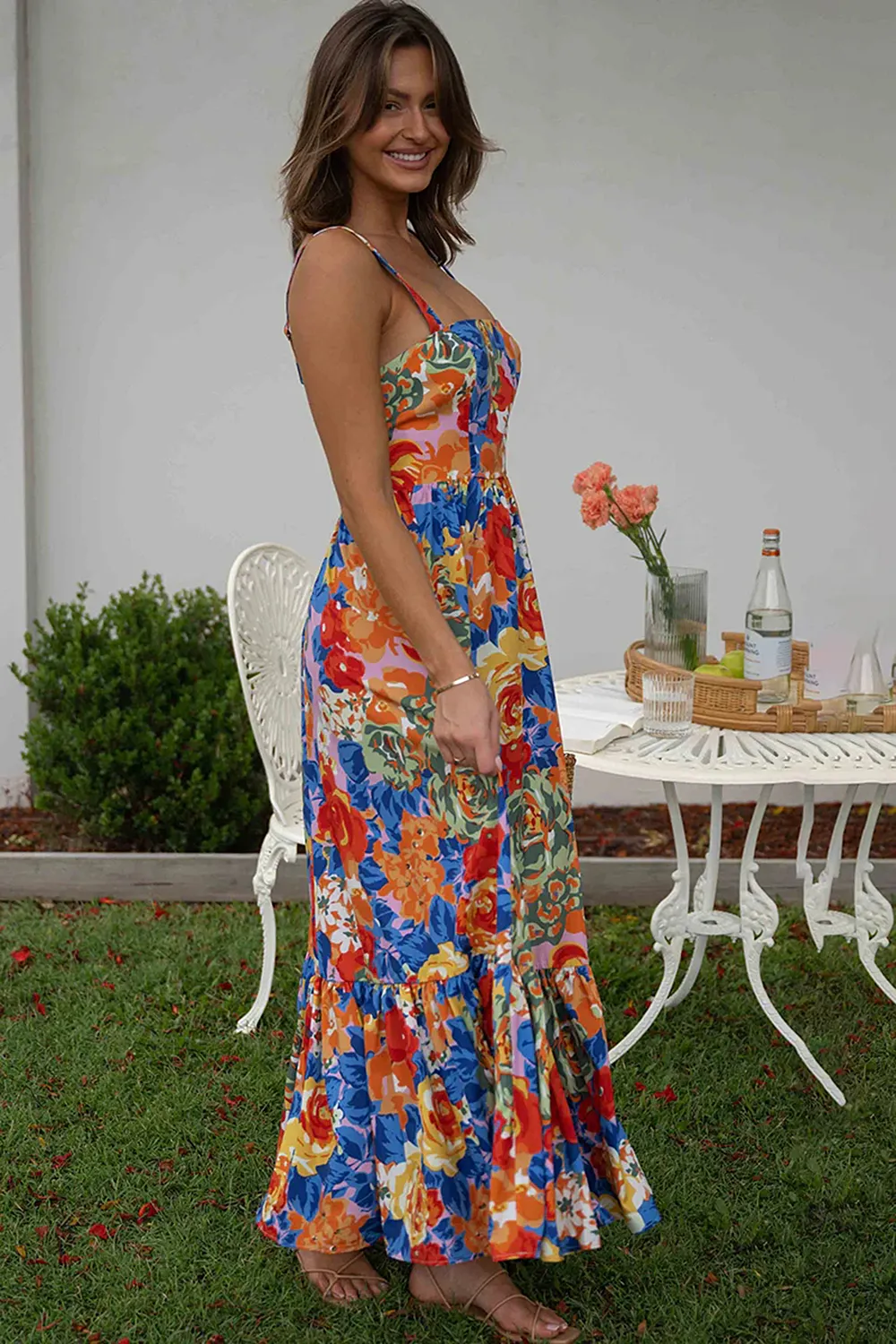 Square Neck Floral Pleated Maxi Dress