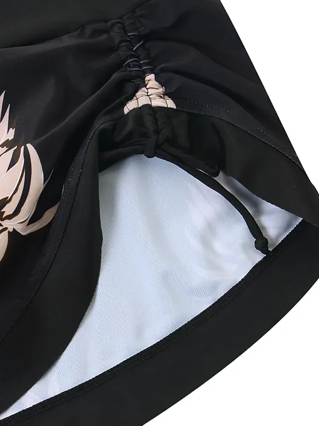 Women's Swimwear Tankini 2 Piece Plus Size Swimsuit Open Back Printing for Big Busts Trees / Leaves Black Halter V Wire Bathing Suits New Vacation Fashion / Modern / Padded Bras