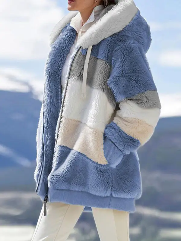 Loose Plush Multicolor Hooded Coat