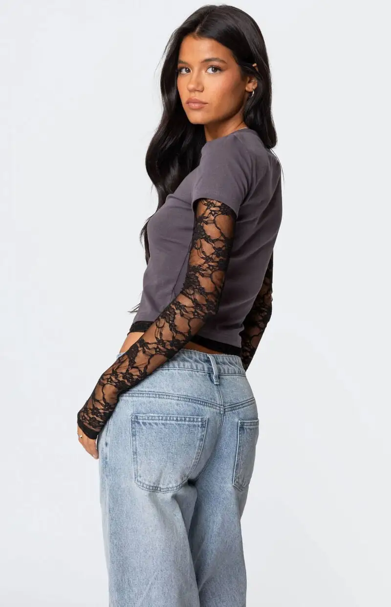 Edikted Layered Lace Sleeve T-Shirt