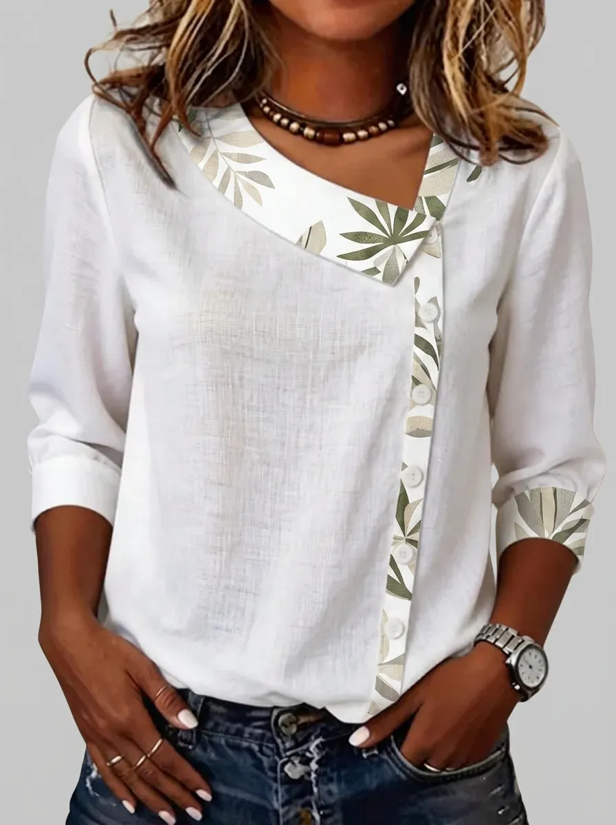 Women's Nashville Botanical Leaf Printed Asymmetric Button Top