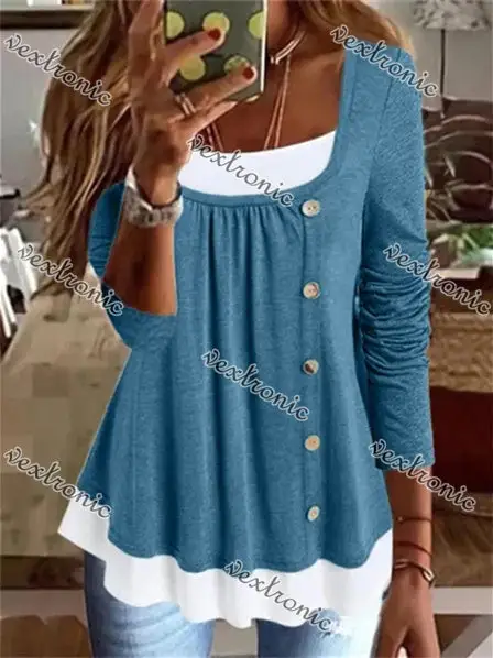 Women's Long Sleeve U-Neck Buttons Top