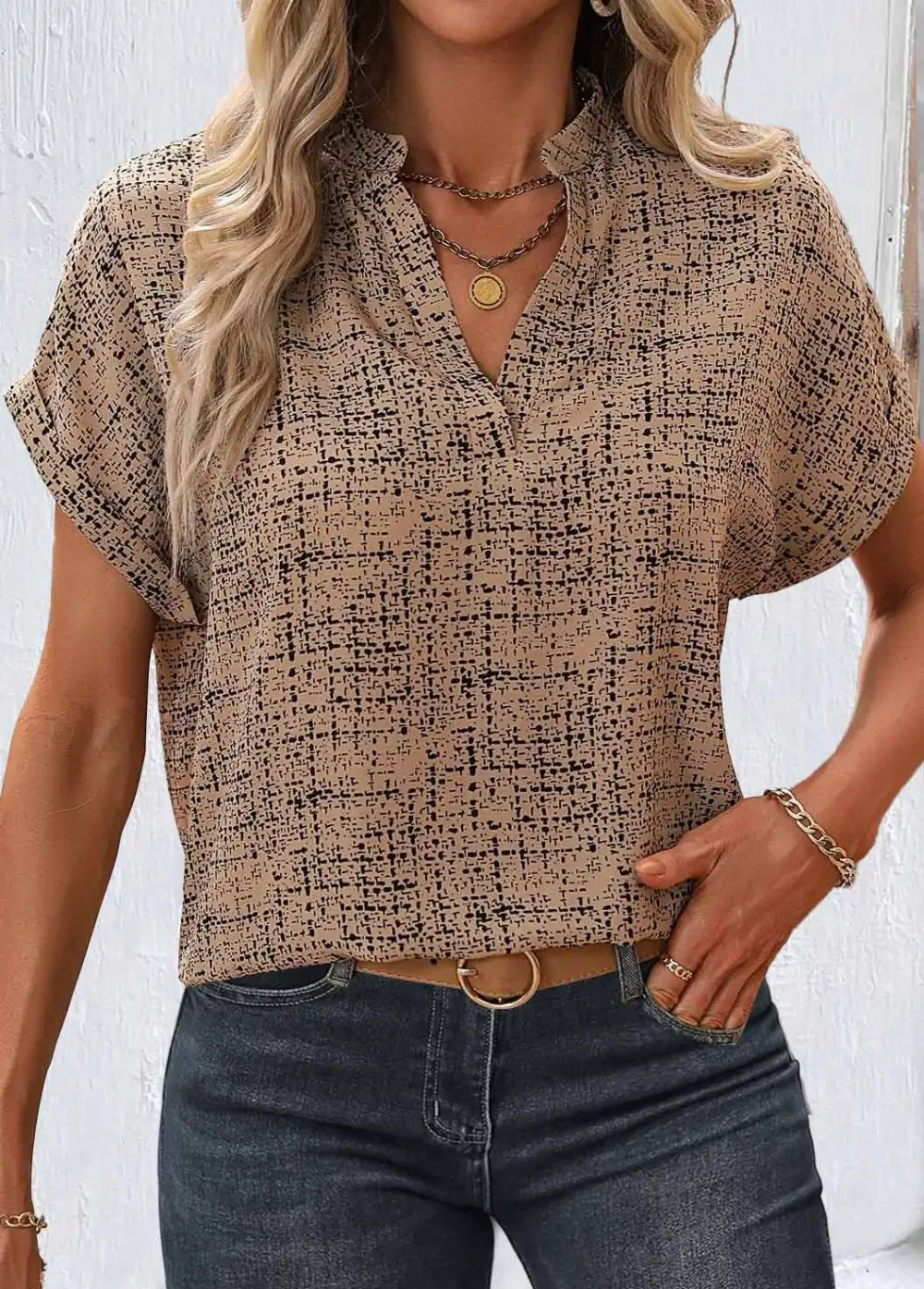 Sage Green Split Geometric Print Short Sleeve Blouse