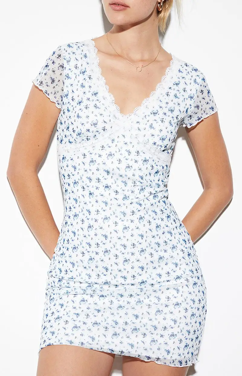 LA Hearts Short Sleeve Lace Trim Mesh Mini Dress