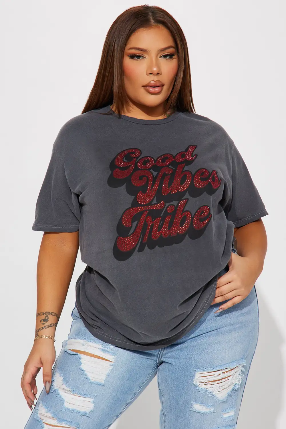 Good Vibes Tribe Rhinestone Tshirt - Charcoal