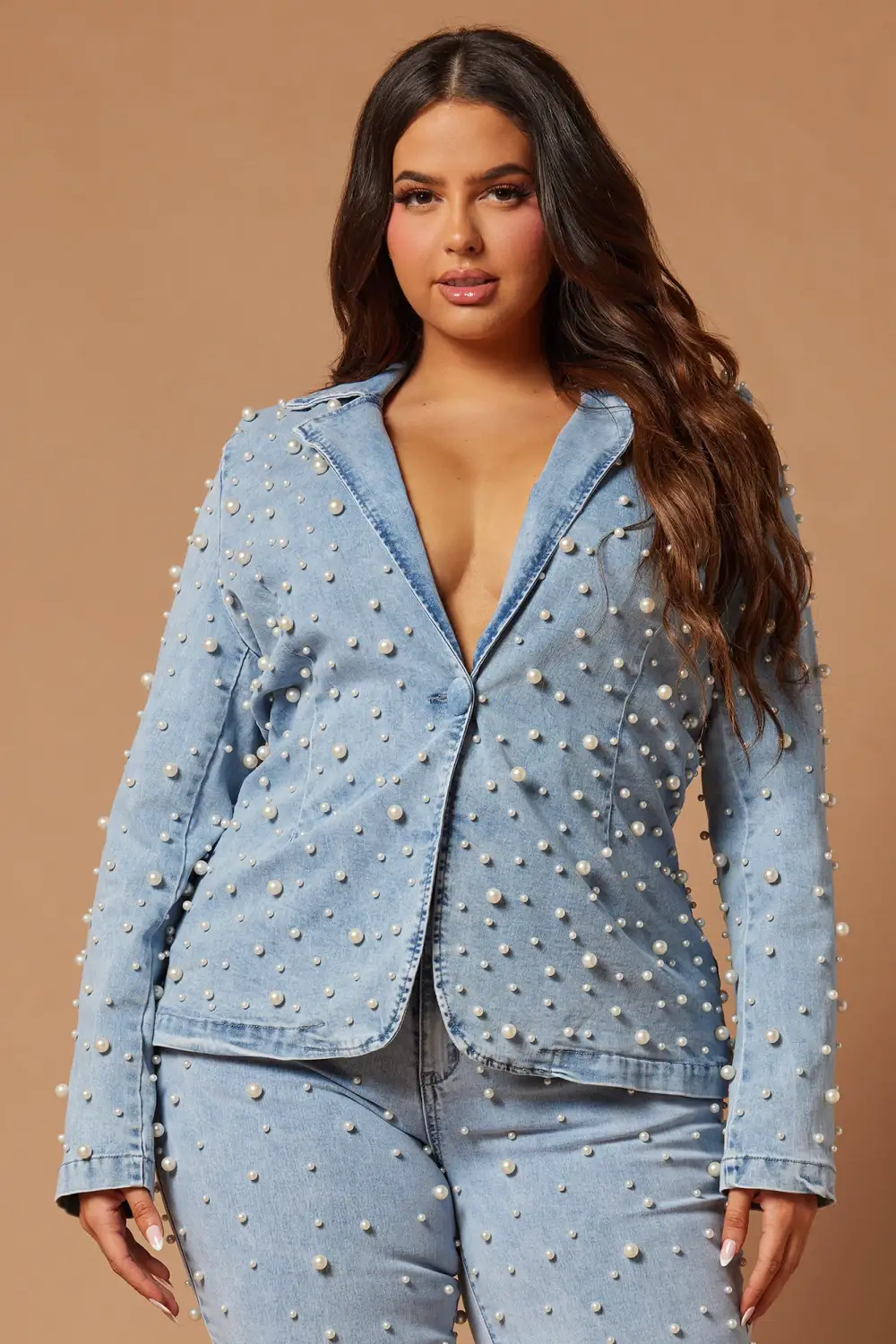 Sandrine Embellished Denim Blazer Set - Blue