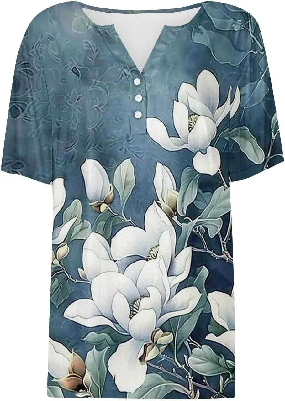 Shirts for Women Casual Printed Summer Tops Short-Sleeved Button V-Neck Tops Blouse Fashion Boho T-Shirts