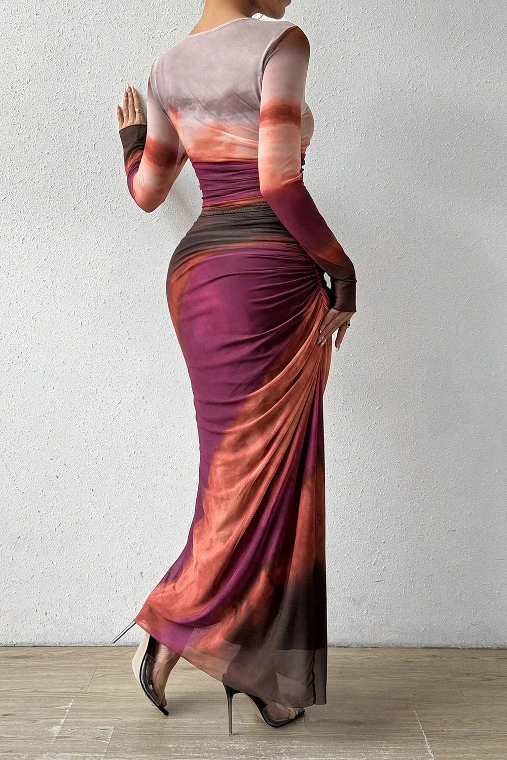 Women's Tie Dye Long Sleeve Pleated Dress Multicolor