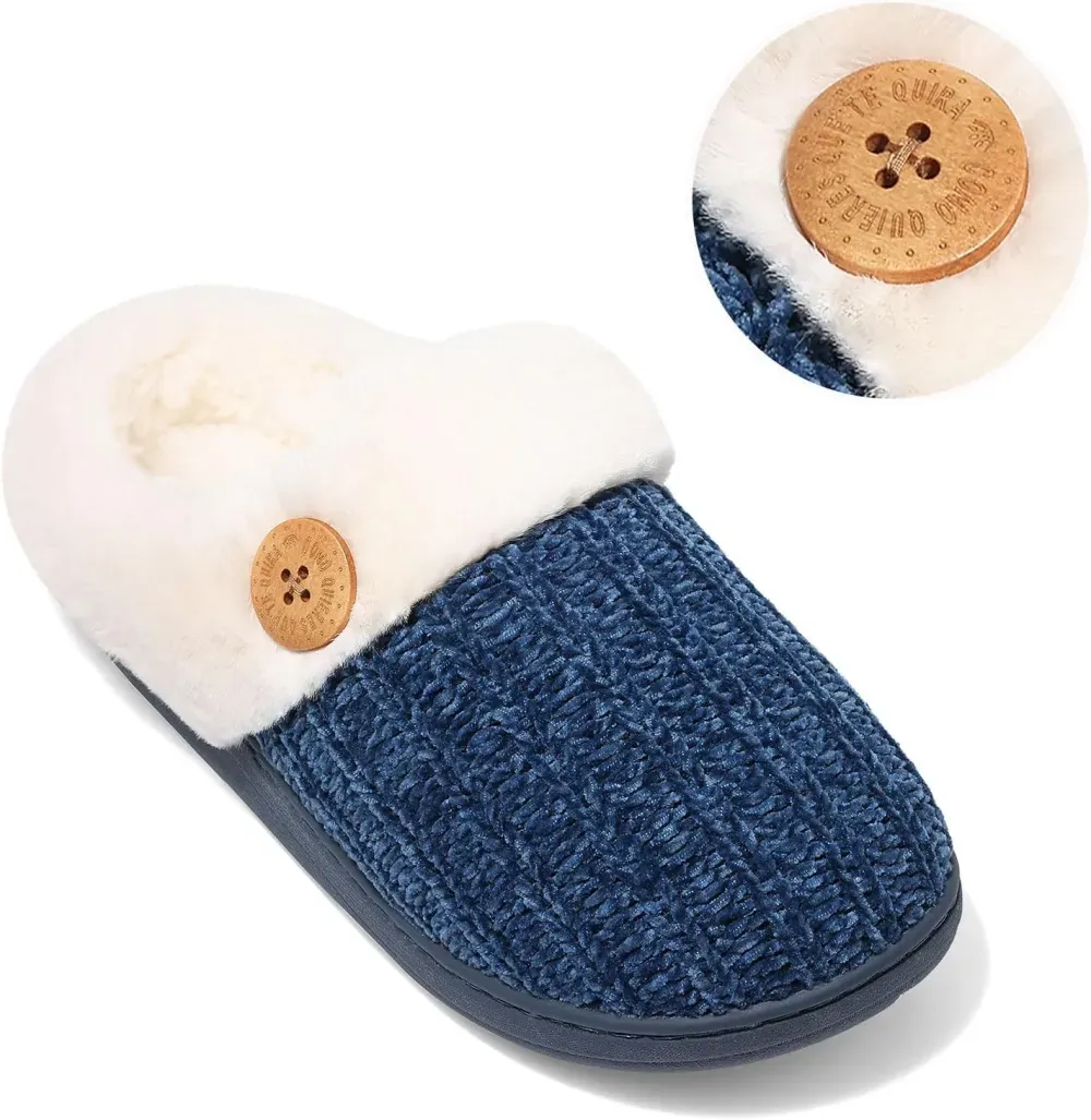 Warm Knit House Slippers for Women Comfy Wool-Like Lined Chenille Slippers with Memory Foam and Indoor Outdoor Soles