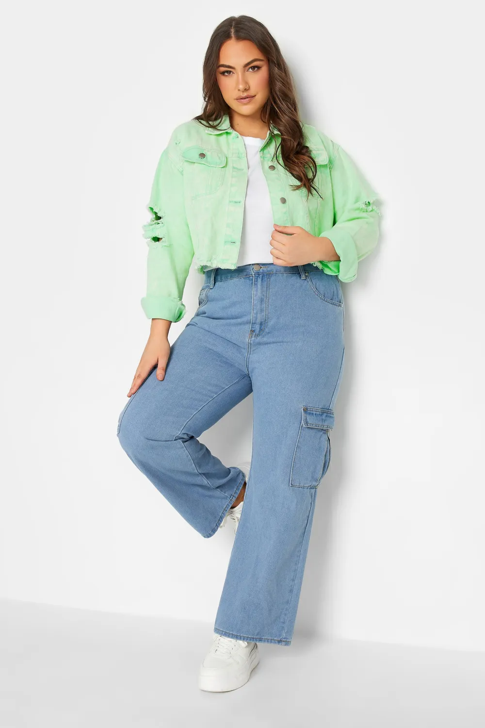 YOURS Curve Mint Green Cropped Distressed Denim Jacket