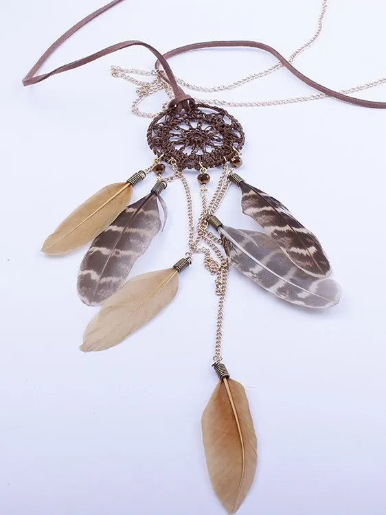Ethnic Retro Dream Catcher Feather Long Sweater Chain Wool Clothes Necklace