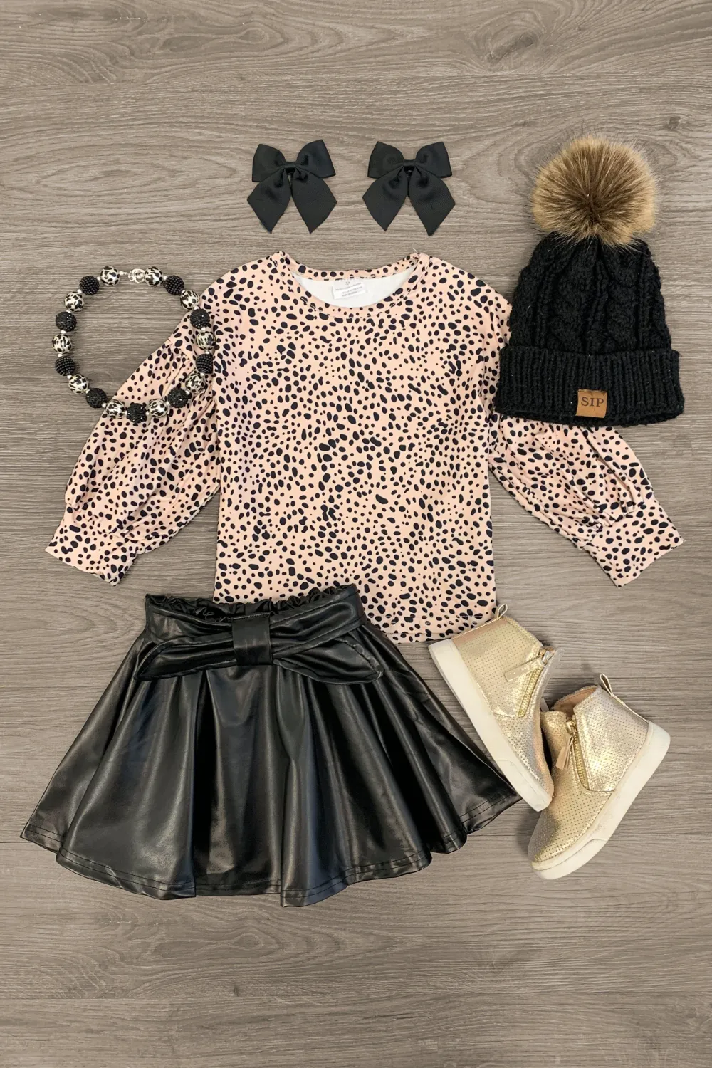 Polka Dot Cheetah Pleather Skirt Set