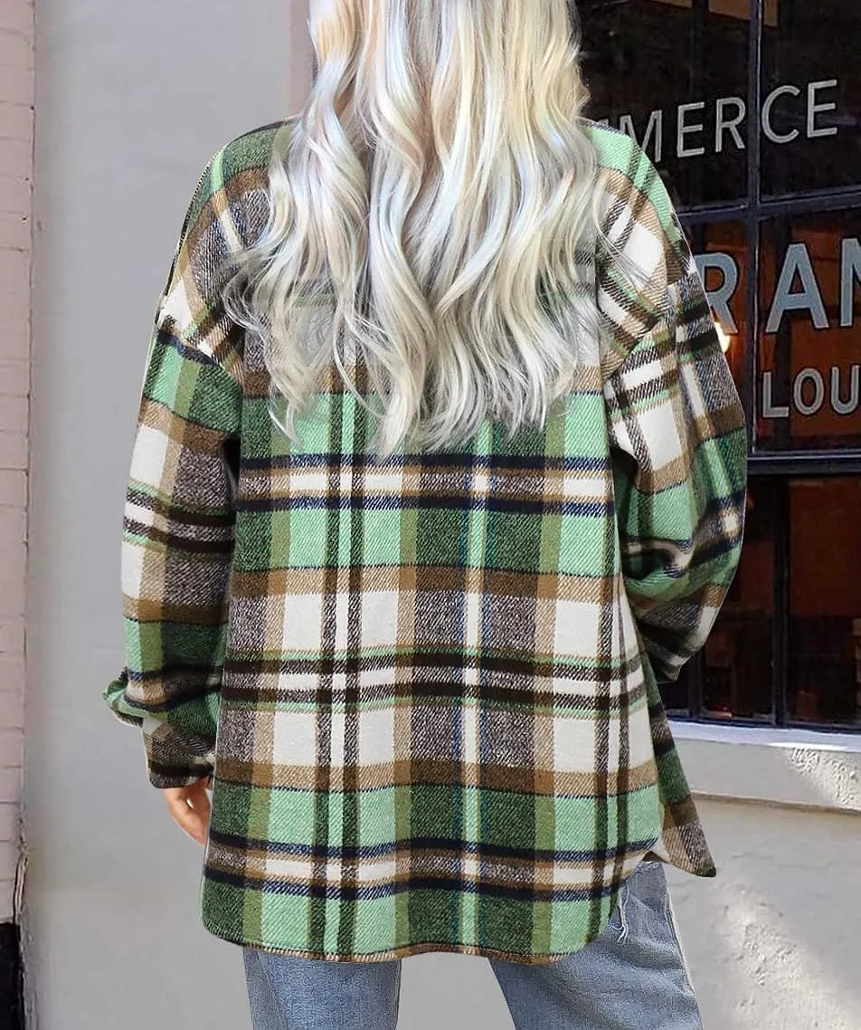 Women's Flannel Plaid Shacket Long Sleeve Button Down Chest Pocketed Shirts Jacket Coats
