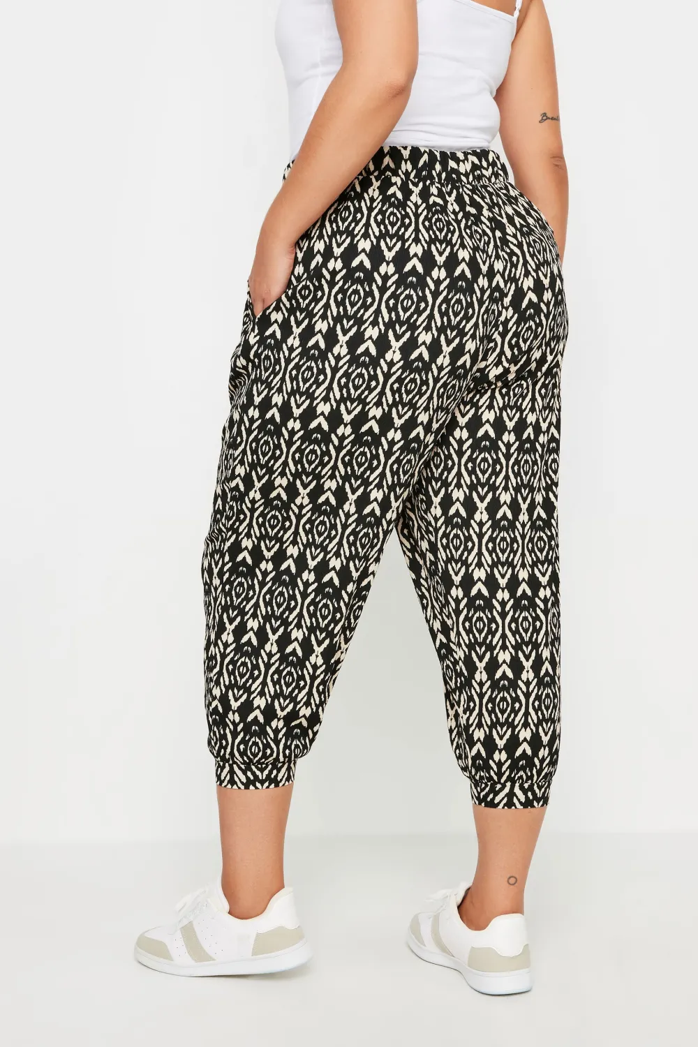 YOURS Curve Yellow Ikat Print Textured Cropped Harem Trousers