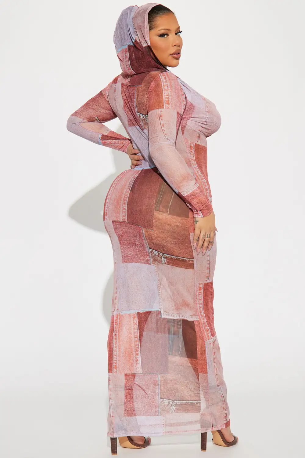 Dayna Hooded Mesh Maxi Dress - Rust/combo