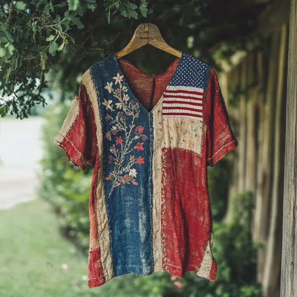 Independence Day Flag Flower Print V Neck T-shirt