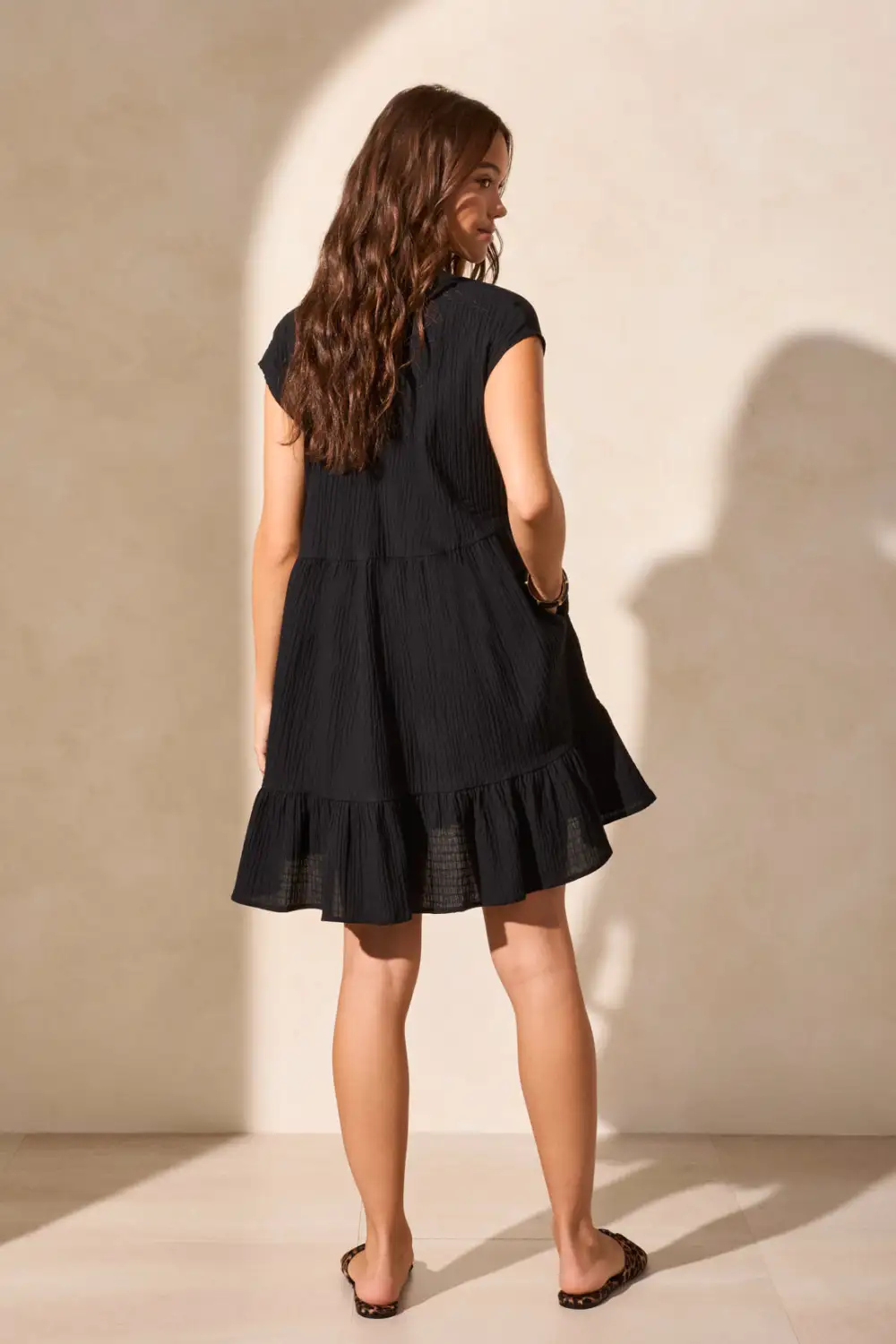 Crinkle Cotton Cap Sleeve Tiered Cover-Up Dress-Black