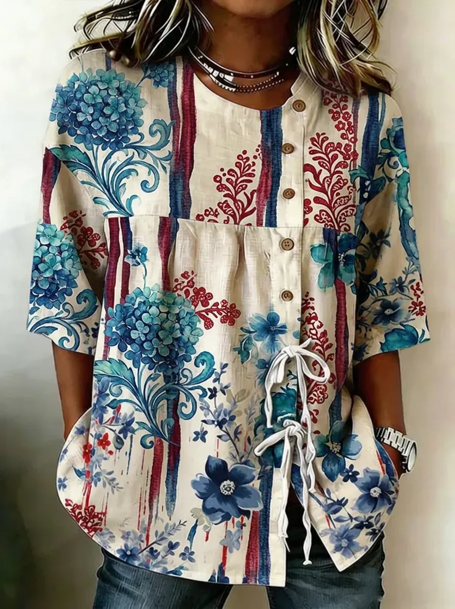 Women's Nashville Floral Stripe Pattern Printed Button-up Top