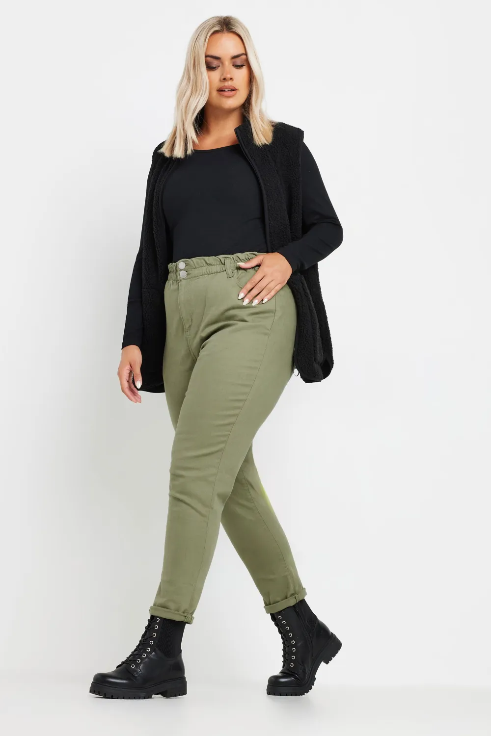 YOURS Curve Khaki Green Stretch Elasticated Waist MOM Jeans