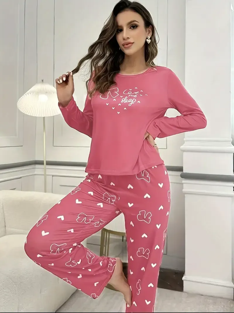 Leisure Women's Pajama Set, 2pcs Set with Long-sleeved Top with Bow and Letter Print and Long Pants with Print