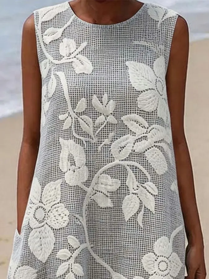 Women'S Round Neck Sleeveless Color-Block Printed Dress