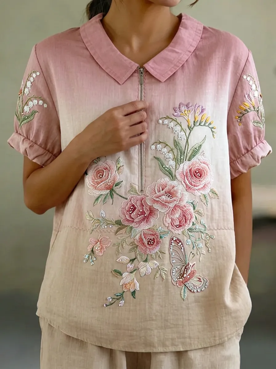 Women's Nashville Floral Butterfly Embroidered Zip Polo Shirt