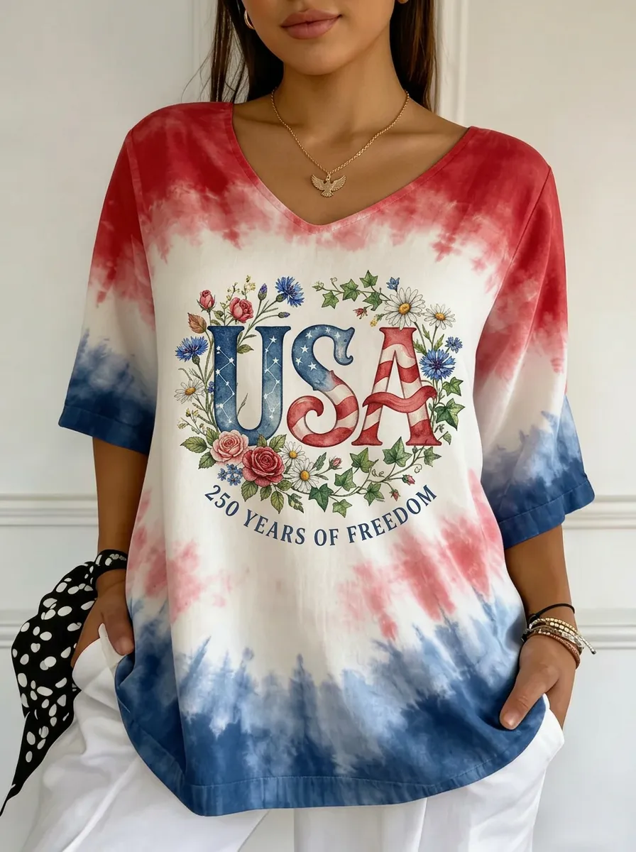 Women's USA Patriotic Floral 250 Years Freedom Printed T-shirt