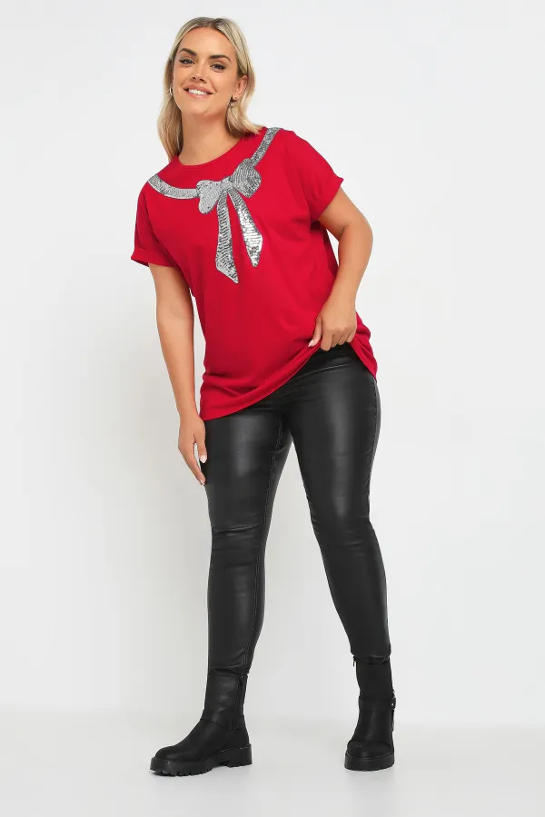 YOURS Curve Black Sequin Bow T-Shirt