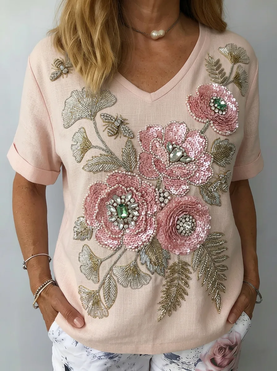Women's Nashville Floral Bee Sequin Embellished V-neck T-shirt
