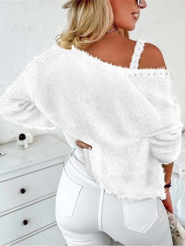 Women's Sweater Set Cardigan Sweater V Neck Fuzzy Knit Polyester Beads Fall Winter Short Daily Going out Weekend Stylish Casual Soft Long Sleeve Solid Color White Pink Blue S M L