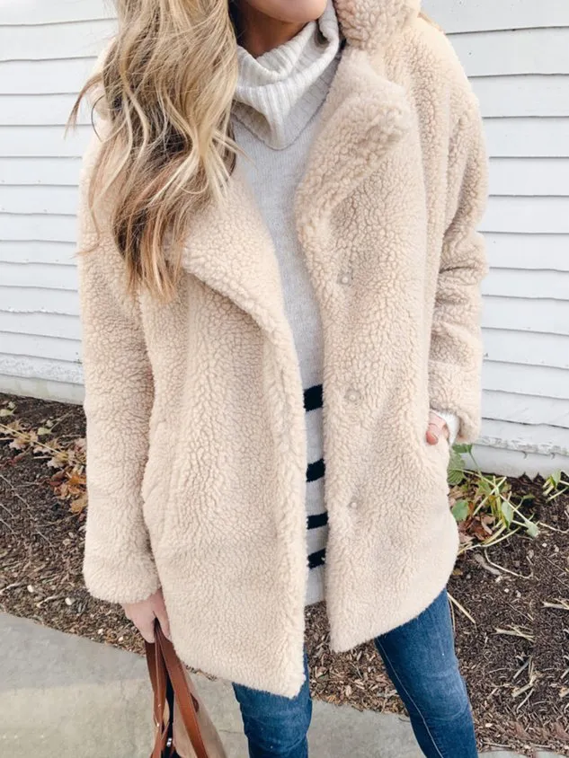 Casual Plain Pockets Teddy Jacket