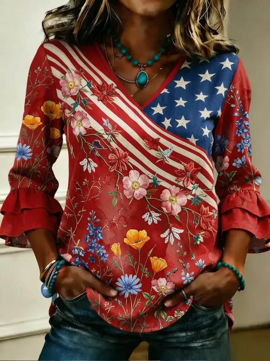 Women's Nashville American Flag Floral Printed Ruffle Sleeve Top