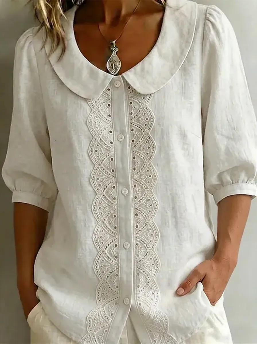 Women's Nashville Vintage Lace Trimmed Button-up Linen Shirt