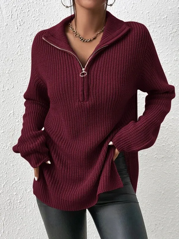 Half Zip Ribbed Knit Drop Shoulder Split Hem Sweater